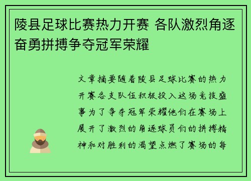 陵县足球比赛热力开赛 各队激烈角逐奋勇拼搏争夺冠军荣耀